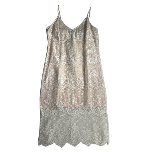 Forever 21 Womens Nude Lace Dress Size XS White Lace Overlay Slip Dress V-Neck - Picture 1 of 9